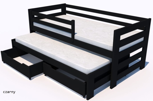 Łóżko dla dzieci Kubi Premium wysuwane dla rodzeństwa dla młodzieży z drewna sosnowego premium solidne z szufladami i mobilnymi barierkami kolor czarny.jpg