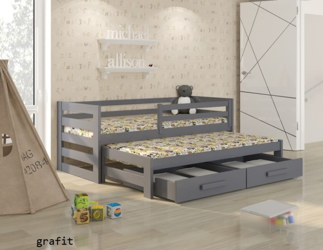 Łóżko dla dzieci Kubi Premium rozsuwane dla rodzeństwa wysuwane z drewna sosnowego premium solidne z szufladami i mobilnymi barierkami kolor grafit.jpg