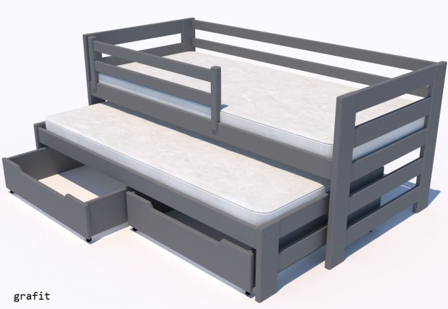 łóżko dla rodzeństwa podwójne wysuwane Kubi Premium z drewna sosnowego Premium z szufladami i barierkami ochronnymi pd producenta Valor Meble kolor grafit.jpg