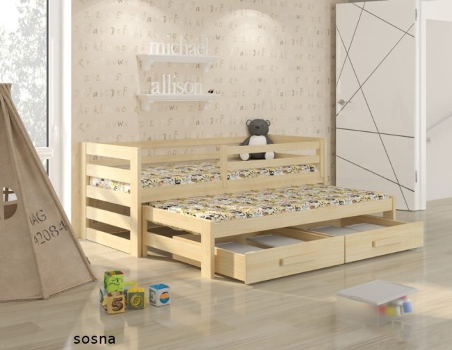 Łóżko dla dzieci Kubi Premium rozsuwane dla rodzeństwa wysuwane z drewna sosnowego premium solidne z szufladami i mobilnymi barierkami kolor naturalny sosna.jpg