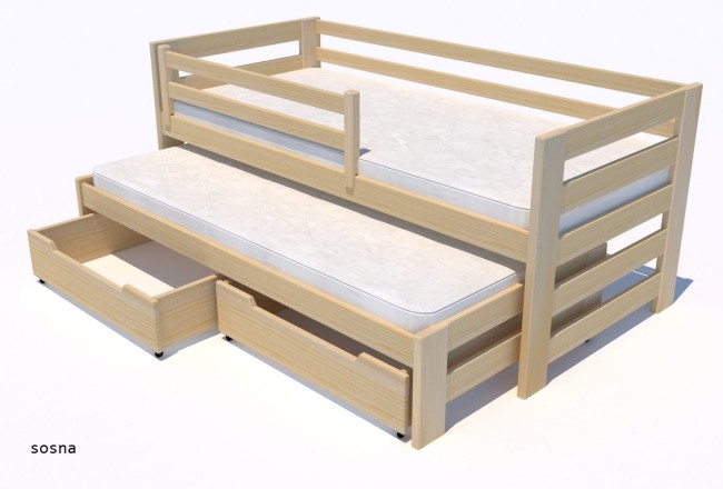 łóżko dla rodzeństwa podwójne wysuwane Kubi Premium z drewna sosnowego Premium z szufladami i barierkami ochronnymi pd producenta Valor Meble kolor naturalny sosna.jpg