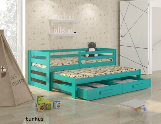 Łóżko dla dzieci Kubi Premium rozsuwane dla rodzeństwa wysuwane z drewna sosnowego premium solidne z szufladami i mobilnymi barierkami kolor turkusowy.jpg