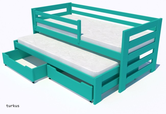 łóżko dla rodzeństwa podwójne wysuwane Kubi Premium z drewna sosnowego Premium z szufladami i barierkami ochronnymi pd producenta Valor Meble kolor turkus.jpg