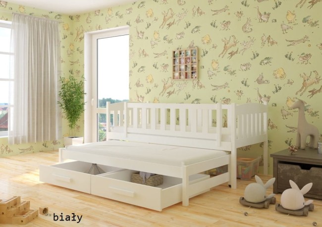 łóżko podwójne wysuwane dla dzieci Hania Premium z dodatkowym drugim miejscem do spania z barierkami ochronnymi z szufladami na pościel od producenta Valor Meble kolor biały.jpg