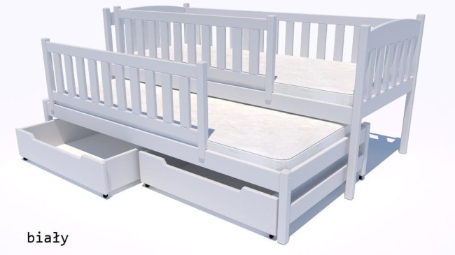 białe łóżko podwójne dla młodszych dzieci Hania Premium dla rodzeństwa z barierkami ochronnymi z szufladami a pościel od producenta Valor Meble kolor bialy.jpg