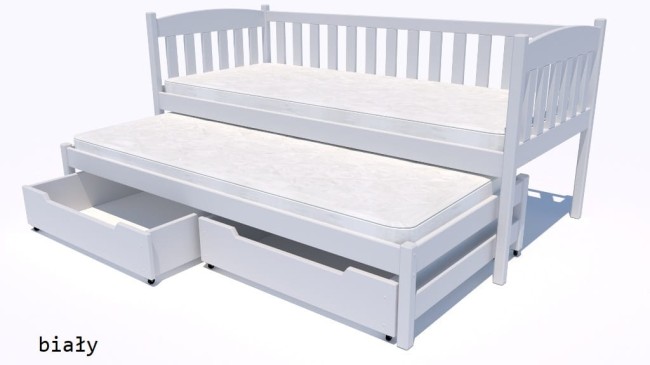 łóżko podwójne dla dzieci Hania Premium dla sióstr  z barierkami ochronnymi z szufladami a pościel od producenta Valor Meble kolor biały.jpg