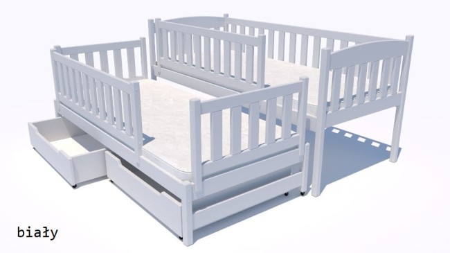 łóżko podwójne dla młodszych dzieci Hania Premium z barierkami ochronnymi z szufladami a pościel od producenta Valor Meble białe.jpg