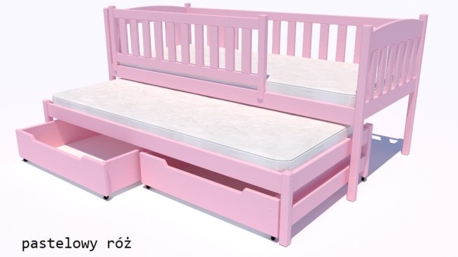 łóżko podwójne dla dzieci Hania Premium dla sióstr  z barierkami ochronnymi z szufladami a pościel od producenta Valor Meble kolor pastelowy róż.jpg