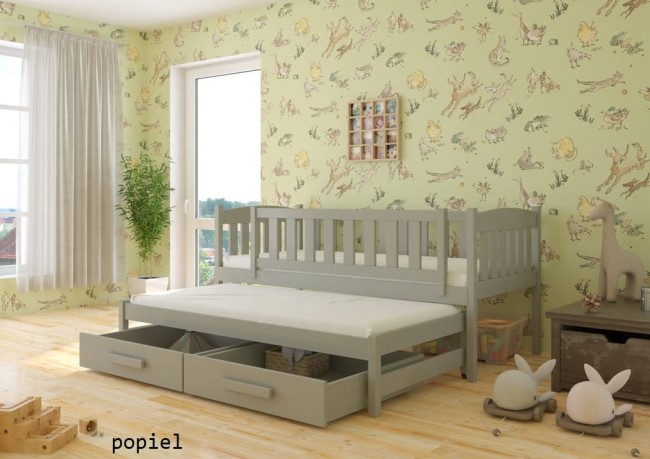 łóżko podwójne dla młodszych dzieci Hania Premium dla rodzeństwa z barierkami ochronnymi z szufladami a pościel od producenta Valor Meble kolor popiel.jpg
