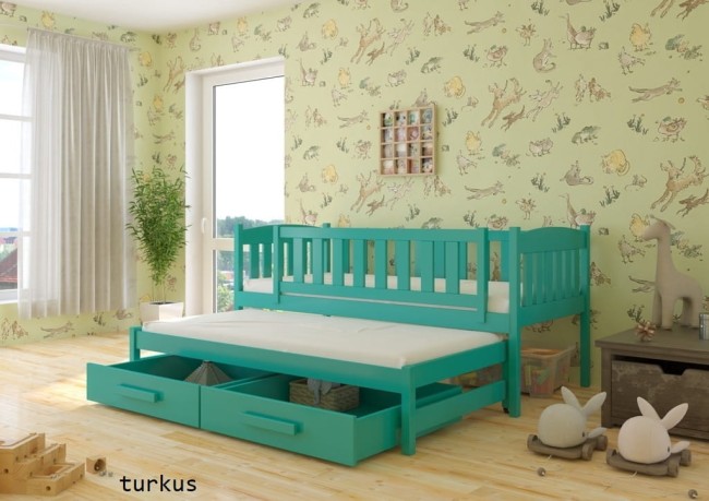 łóżko podwójne wysuwane dla dzieci Hania Premium z barierkami ochronnymi z szufladami a pościel od producenta Valor Meble kolor turkusowy.jpg