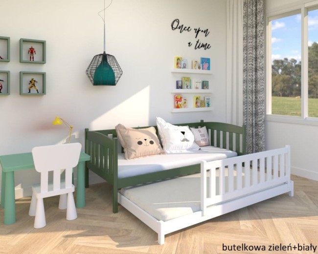 lozko podwojne z wysokimi zabezpieczeniami Hania low w kolorze bialym i butelkowa zieleń od producenta  Valor Meble.jpg