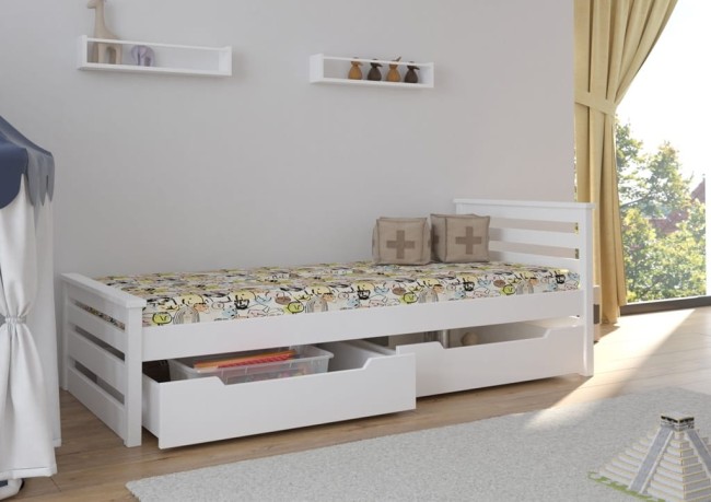 Adaś Premium łóżko pojedyncze dla dzieci i młodzieży z drewna z szufladami z barierką zabezpieczającą od producenta VAlor Meble kolor biały.jpg