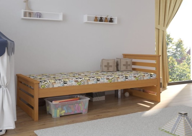 Adaś Premium łóżko pojedyncze dla dzieci i młodzieży z drewna z szufladami z barierką zabezpieczającą od producenta VAlor Meble kolor buk.jpg