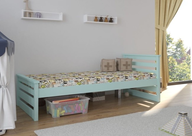 Adaś Premium łóżko pojedyncze dla dzieci i młodzieży z drewna z szufladami z barierką zabezpieczającą od producenta VAlor Meble kolor miętowy.jpg