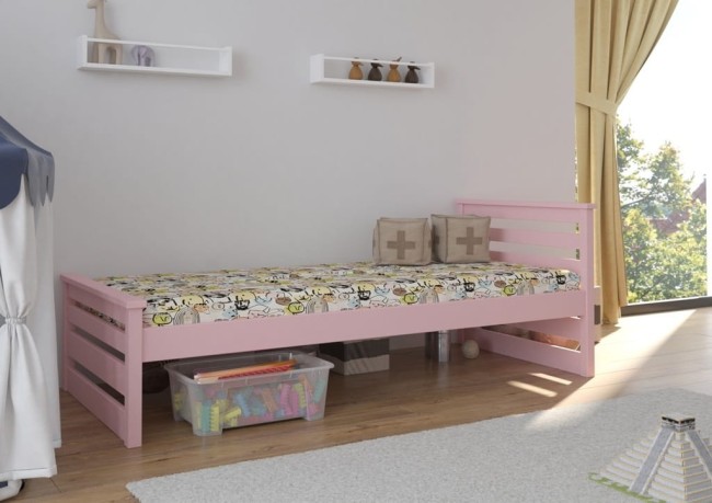 Adaś Premium łóżko pojedyncze dla dzieci i młodzieży z drewna z szufladami z barierką zabezpieczającą od producenta VAlor Meble kolor pastelowy róż.jpg