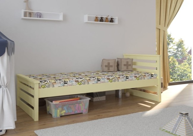 Adaś Premium łóżko pojedyncze dla dzieci i młodzieży z drewna z szufladami z barierką zabezpieczającą od producenta VAlor Meble kolor pastelowy żółty.jpg