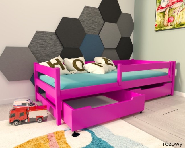 łóżko dla dziecka z barierką Mini Premium pojedyncze z szufladami od producenta Valor Meble klasyczne kolor różowy.jpg