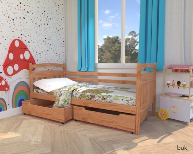 łóżko dzieciece Tadek Premium z drewna sosnowego z szufladami i barierką od producenta Valor Meble kolor buk.jpg