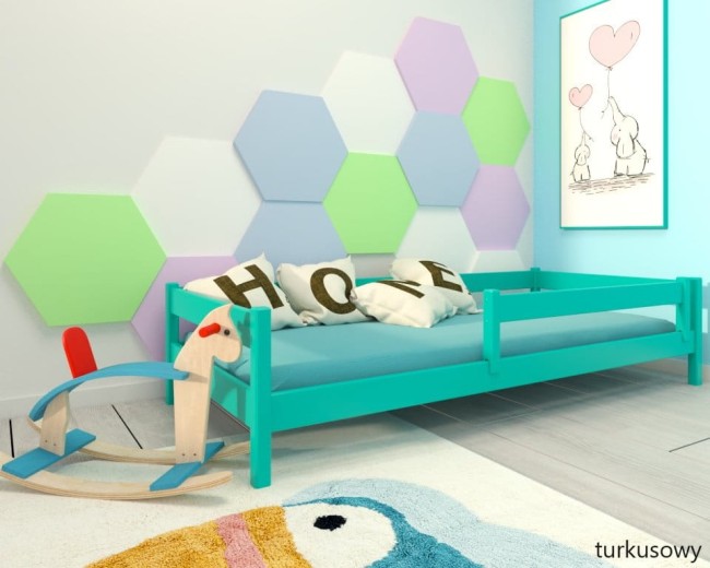 łóżko dla malucha dulatka Mini Low niskie drewniane, solidne bezpieczne w kolorze turkusowym.jpg