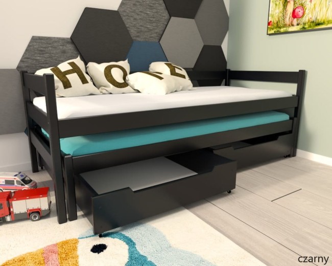 łóżko Wysuwane Maxi Premium -dla-dwojki-dzieci-maxi-rozlozone-z-barierkami od producenta Valor Meble kolor czarny.jpg