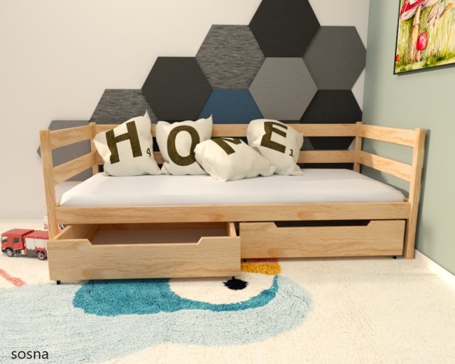 łóżko dziecięce drewniane Czarek Premium pojedyncze z szufladami wysokie barierki zabezpieczenia solidne od producenta Valor Meble.kolor sosna naturalny.jpg