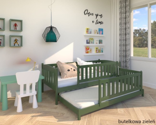 lozko podwojne niskie z wysokimi zabezpieczeniami Hania low w kolorze butelkowej zieleni  od producenta  Valor Meble.jpg