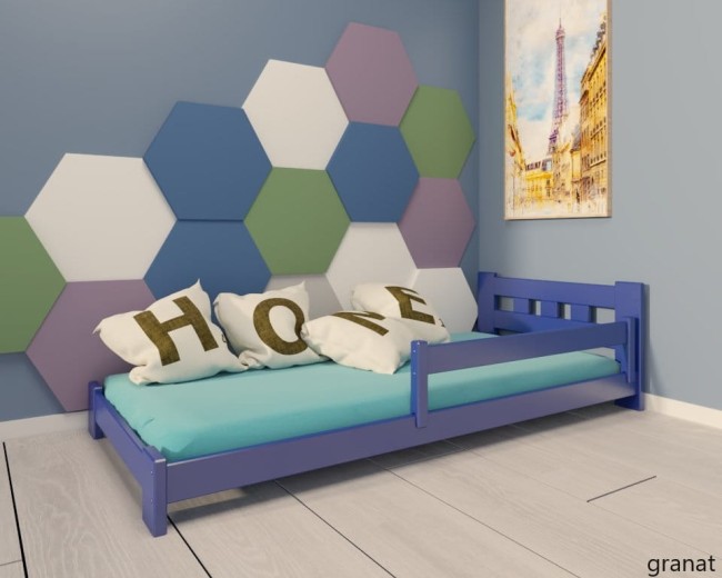 granatowe łóżko dla dwulatka Paweł Low niskie bezpieczne drewniane solidne z barierką ściągalną od producenta Valor Meble.jpg