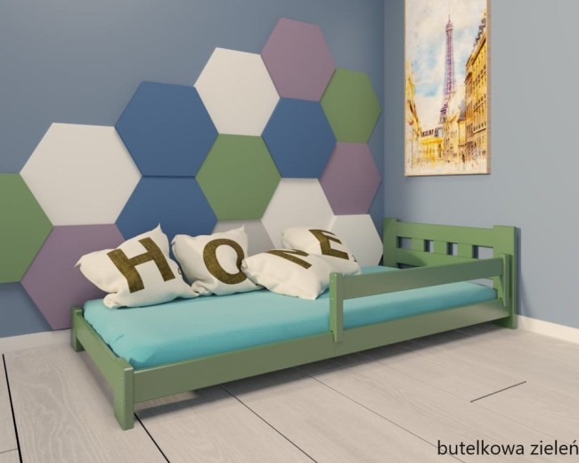 łóżko dla dwulatka Paweł Low niskie bezpieczne drewniane solidne z barierką ściągalną od producenta Valor Meble kolor boho butelkowa zieleń.jpg