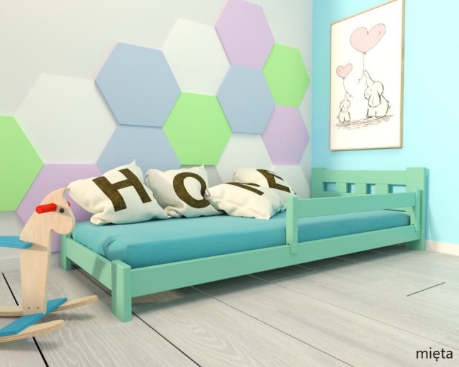 miętowe łóżko dla dwulatka Paweł Low niskie bezpieczne drewniane solidne z barierką ściągalną od producenta Valor Meble.jpg