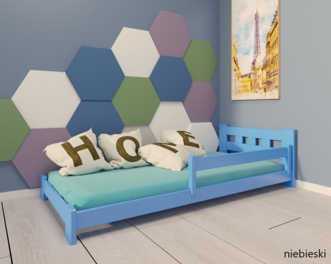 niebieskie łóżko dla dwulatka Paweł Low niskie bezpieczne drewniane solidne z barierką ściągalną od producenta Valor Meble.jpg