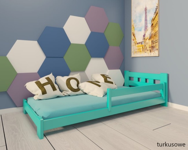 turkusowe łóżko dla dwulatka Paweł Low niskie bezpieczne drewniane solidne z barierką ściągalną od producenta Valor Meble.jpg