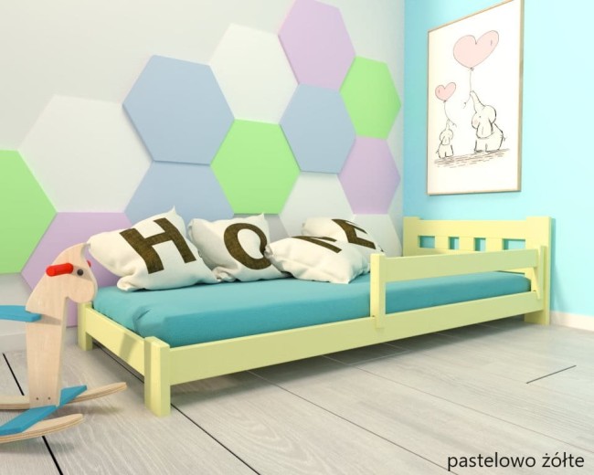 żółte łóżko dla dwulatka Paweł Low niskie bezpieczne drewniane solidne z barierką ściągalną od producenta Valor Meble.jpg