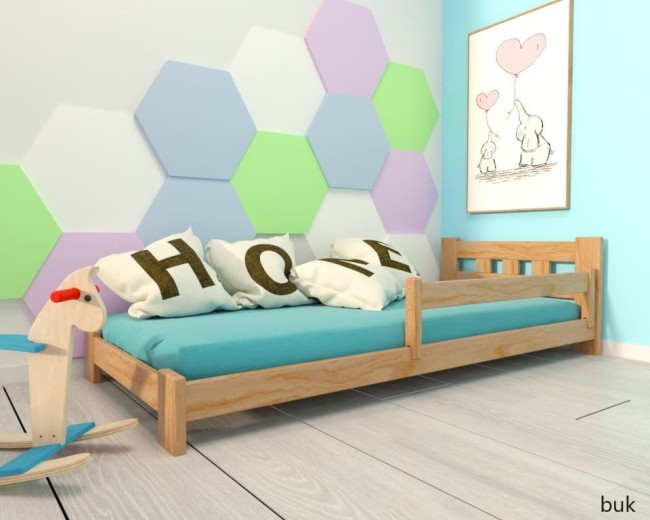 łóżko dziecięce Paweł Low niskie bezpieczne drewniane solidne z barierką ściągalną od producenta Valor Meble kolor buk.jpg