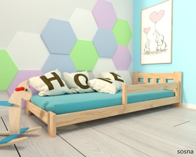 łóżko dziecięce Paweł Low niskie bezpieczne drewniane solidne z barierką ściągalną od producenta Valor Meble kolor sosna. jpg.jpg