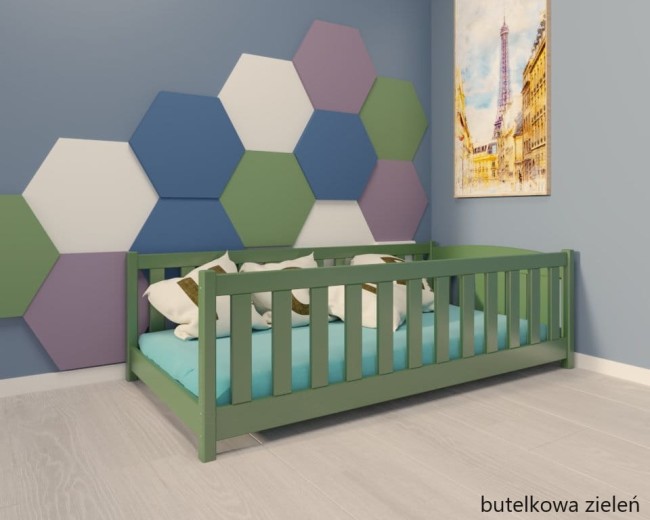 łóżeczko dla najmłodszych Beti ProSafe niskie drewniane bezpieczne, łóżeczko idealne dla dwulatka kolor butelkowa zieleń bez barierki.jpg