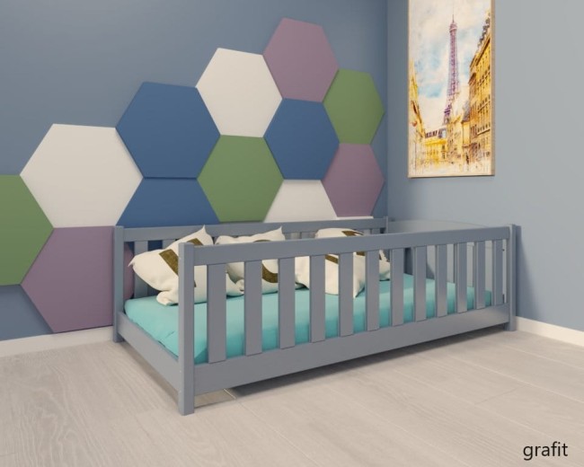 łóżeczko dla najmłodszych Beti ProSafe niskie drewniane bezpieczne, łóżeczko idealne dla dwulatka kolor grafit zdjęta barierka jpg.jpg