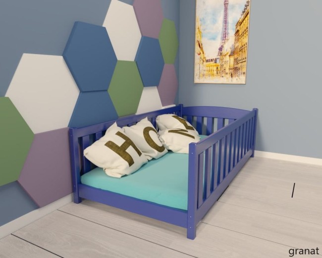 łóżeczko dla najmłodszych Beti ProSafe niskie drewniane bezpieczne, łóżeczko idealne dla dwulatka kolor granatowy  ściągana barierka.jpg