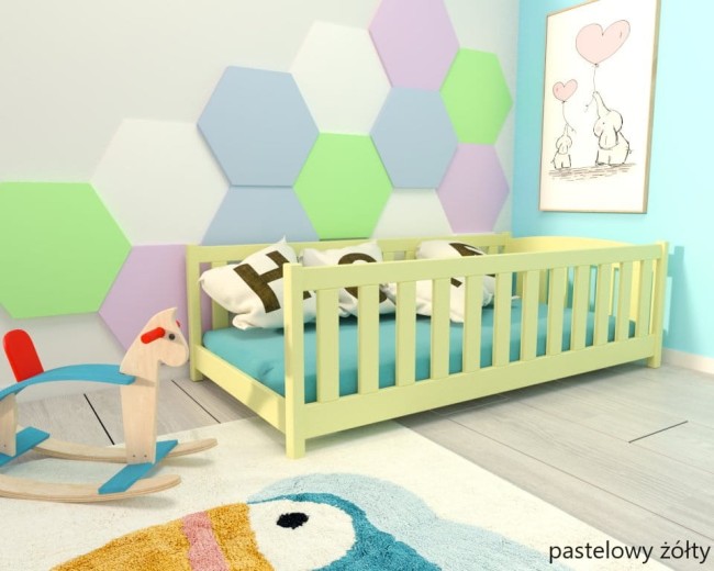 łóżeczko dla najmłodszych Beti ProSafe niskie drewniane bezpieczne, łóżeczko idealne dla dwulatka kolor pastelowy żółty zdjęta barierka.jpg