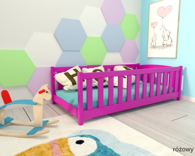 łóżeczko dla najmłodszych Beti ProSafe niskie drewniane bezpieczne, łóżeczko idealne dla dwulatka kolor różowy zdjęta barierka.jpg