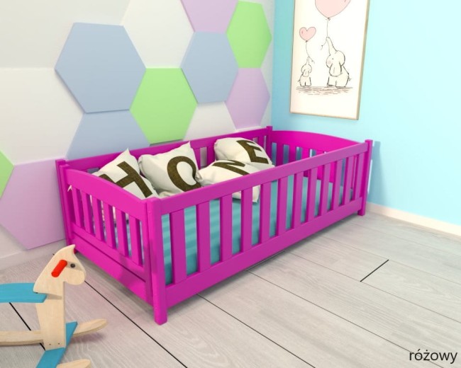 różowe łóżeczko dla małej dziewczynki Beti ProSafe niskie drewniane bezpieczne, łóżeczko idealne dla dwulatki .jpg