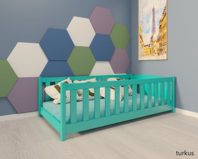 łóżeczko dla najmłodszych Beti ProSafe niskie drewniane bezpieczne, łóżeczko idealne dla dwulatka kolor  turkusowy zdjęta barierka.jpg