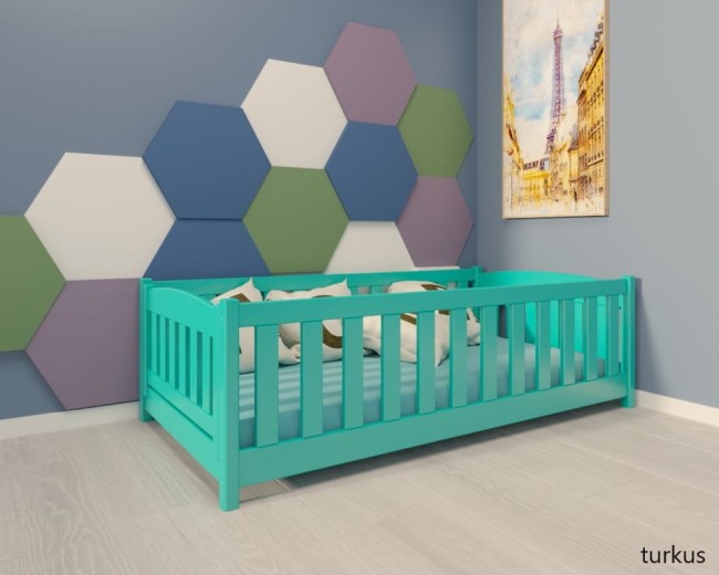 łóżeczko dla najmłodszych Beti ProSafe niskie drewniane bezpieczne, łóżeczko idealne dla dwulatka kolor turkusowy .jpg