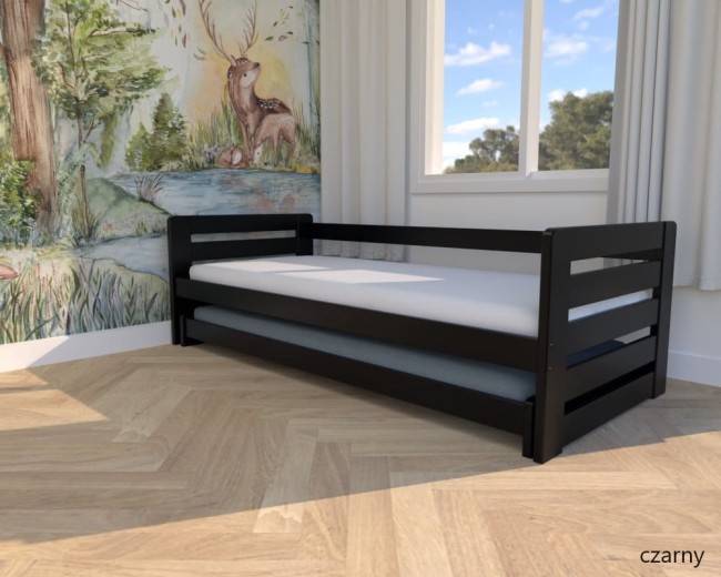 czarne łóżko dla rodzeństwa Zuzia Low drewniane łóżko wysuwane podwójne niskie dla najmłodszych, łóżko ze zdejmowalną barierką od producenta Valor Meble.jpg