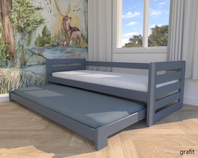 Łóżko dla rodzeństwa Zuzia Low drewniane łóżko wysuwane podwójne niskie dla najmłodszych, łóżko ze zdejmowalną barierką od producenta Valor Meble.jpg