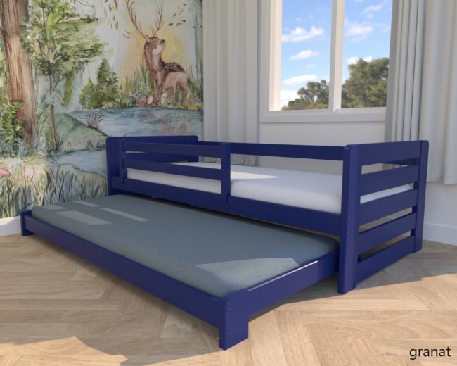 granatowe łóżko dla rodzeństwa Zuzia Low drewniane łóżko wysuwane podwójne niskie dla najmłodszych, łóżko ze zdejmowalną barierką od producenta Valor Meble.jpg
