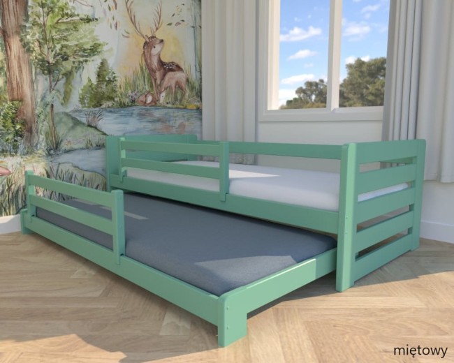 łóżko dla rodzeństwa Zuzia Low niskie łóżko podwójne od producenta Valor Meble łóżko wysuwane w kolorze mietowym.jpg