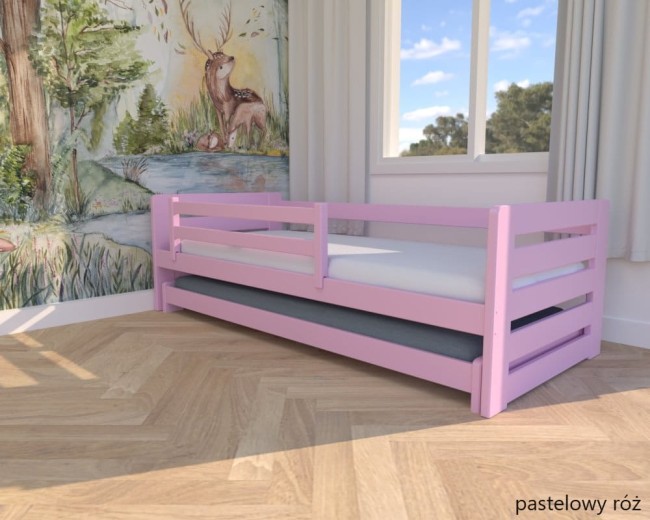 łóżko dla rodzeństwa Zuzia Low niskie łóżko podwójne od producenta Valor Meble łóżko wysuwane w kolorze pastelowy róż.jpg