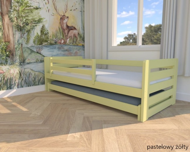 łóżko dla rodzeństwa Zuzia Low niskie łóżko podwójne od producenta Valor Meble łóżko wysuwane w kolorze pastelowy żółty.jpg