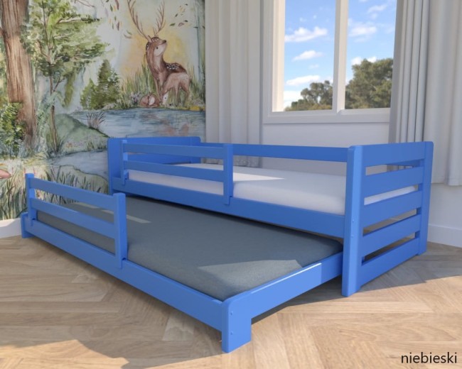 niebieskie  łóżko dla rodzeństwa Zuzia Low drewniane łóżko wysuwane podwójne niskie dla najmłodszych, łóżko ze zdejmowalną barierką od producenta Valor Meble.jpg