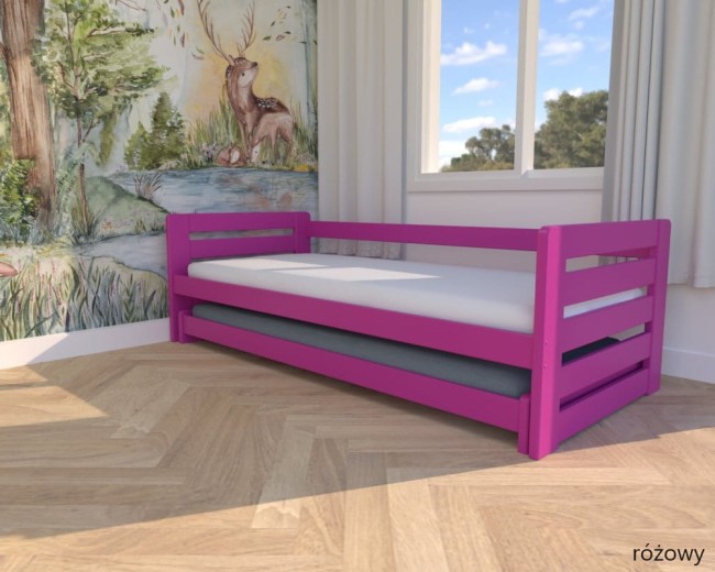 różowe łóżko dla rodzeństwa Zuzia Low drewniane łóżko wysuwane podwójne niskie dla najmłodszych, łóżko ze zdejmowalną barierką od producenta Valor Meble.jpg